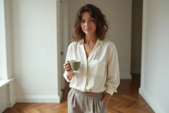 Femme portant un ensemble wassat complet haut et bas coordonnés en lin crème dans un appartement parisien
