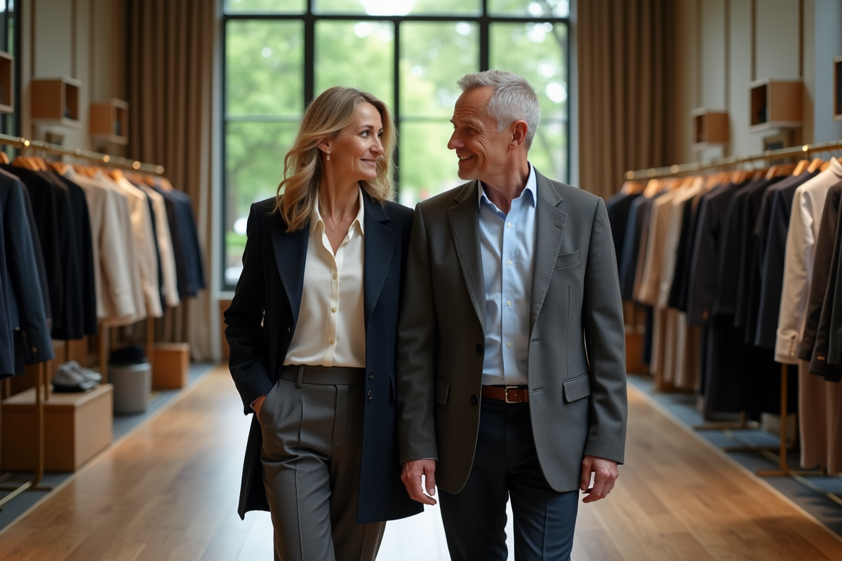 Homme et femme en tenue élégante dans une boutique chic