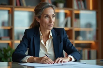 Femme à l'identité multiculturelle dans un bureau moderne, illustrant la question des origines et de la nationalité