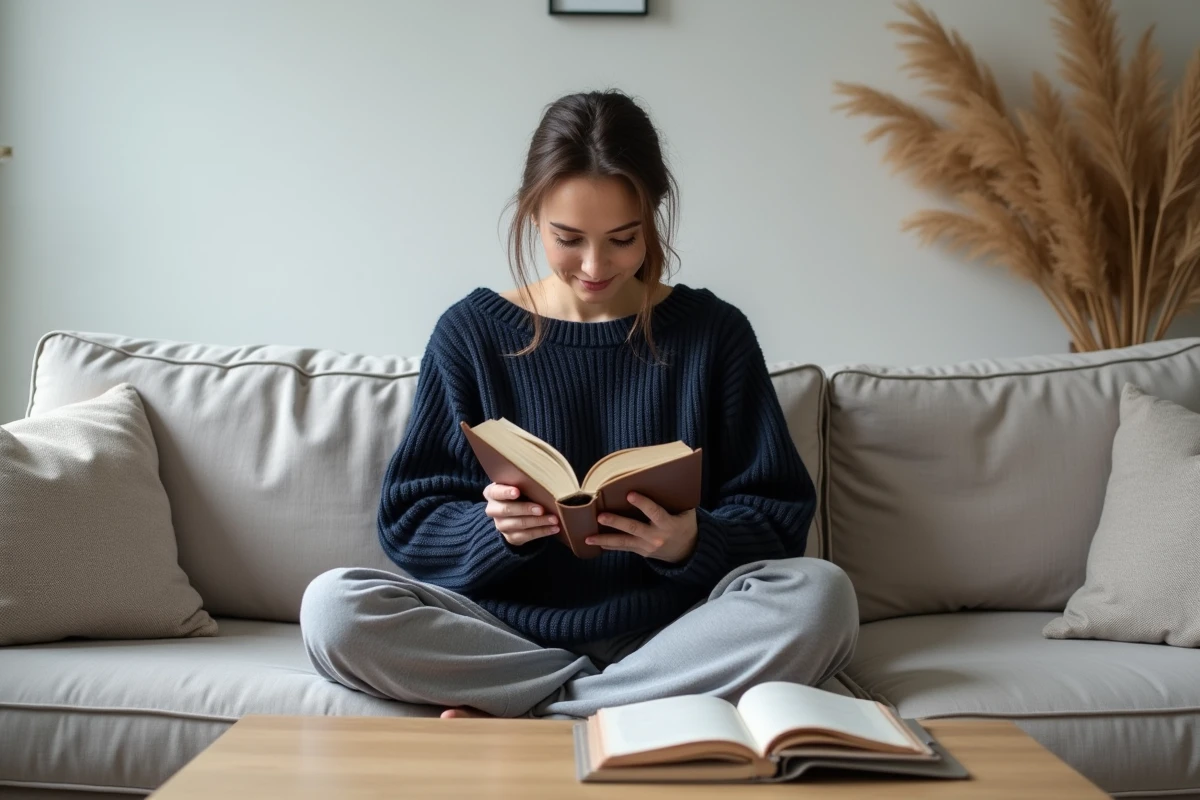 Femme lisant un livre sur un canapé en lin dans un salon minimaliste au style intimiste et quotidien