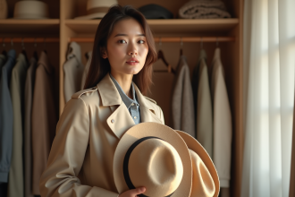 Femme élégante avec chapeaux dans dressing lumineux