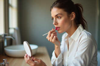 Femme se maquillant dans un miroir avec vanity moderne
