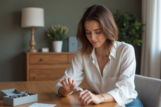 Femme mesurant sa bague avec un ruban à mesurer dans un intérieur cosy