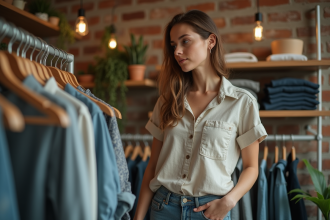 Femme élégante dans une boutique écologique en coton et denim