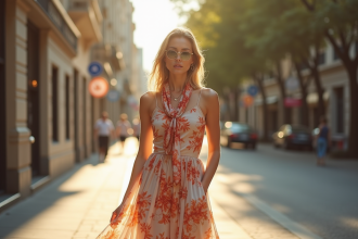 Femme élégante portant une robe d'été et foulard en soie dans la ville