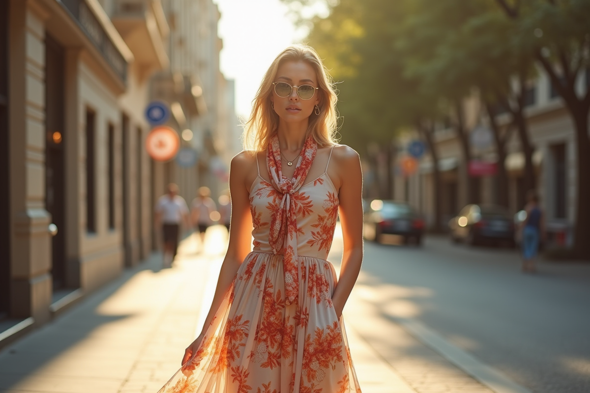 Femme élégante portant une robe d'été et foulard en soie dans la ville