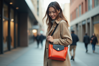 Femme élégante avec sac coloré dans la ville