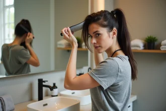 Femme coiffée d'un mullet moderne dans sa salle de bain