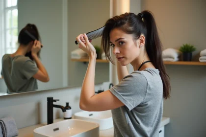 Femme coiffée d'un mullet moderne dans sa salle de bain