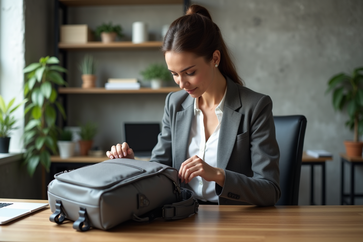 Femme examinant un sac à dos pratique dans un bureau moderne