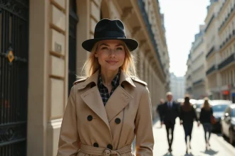 Femme élégante en trench beige et fedora à Paris