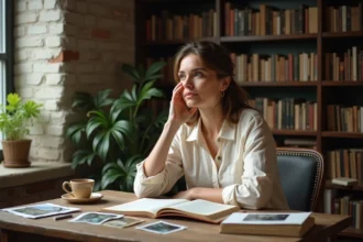 Femme pensive dans un bureau intime entourée de photos personnelles et d'un journal intime ouvert