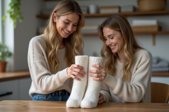 Femme plie des chaussettes piloupilou dans une buanderie chaleureuse