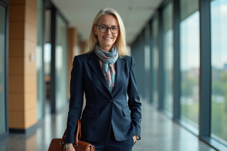 Femme d'affaires confiante dans un costume navy dans un bureau moderne