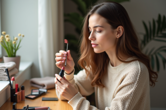 Femme en train de nettoyer un rouge à lèvres sur une coiffeuse moderne