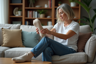 Femme assise sur un canapé en train d'enlever une chaussette serrée