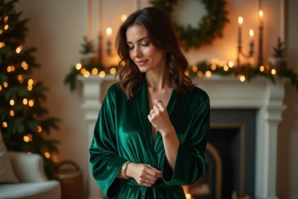 Femme en robe de velours verte élégante en intérieur festive