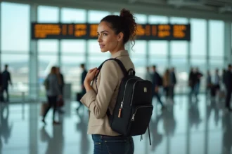 Femme en blazer beige dans un aéroport ajustant son sac à dos pour ordinateur portable de voyage en cabine