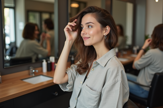 Femme regardant sa nouvelle coupe de cheveux dans un salon moderne