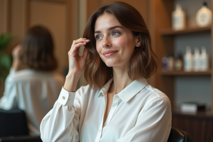 Femme dans un salon de coiffure regardant son nouveau bob