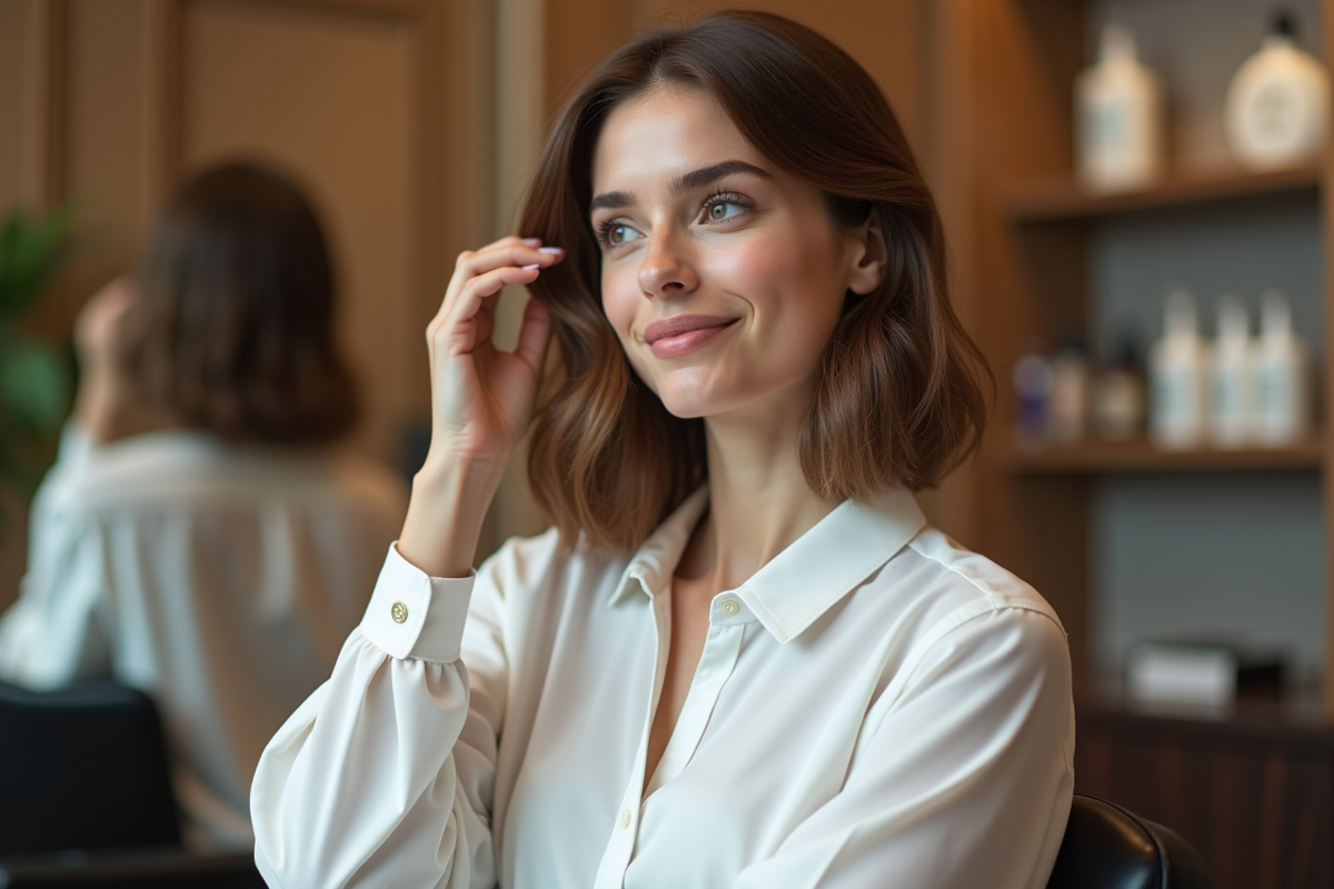Femme dans un salon de coiffure regardant son nouveau bob