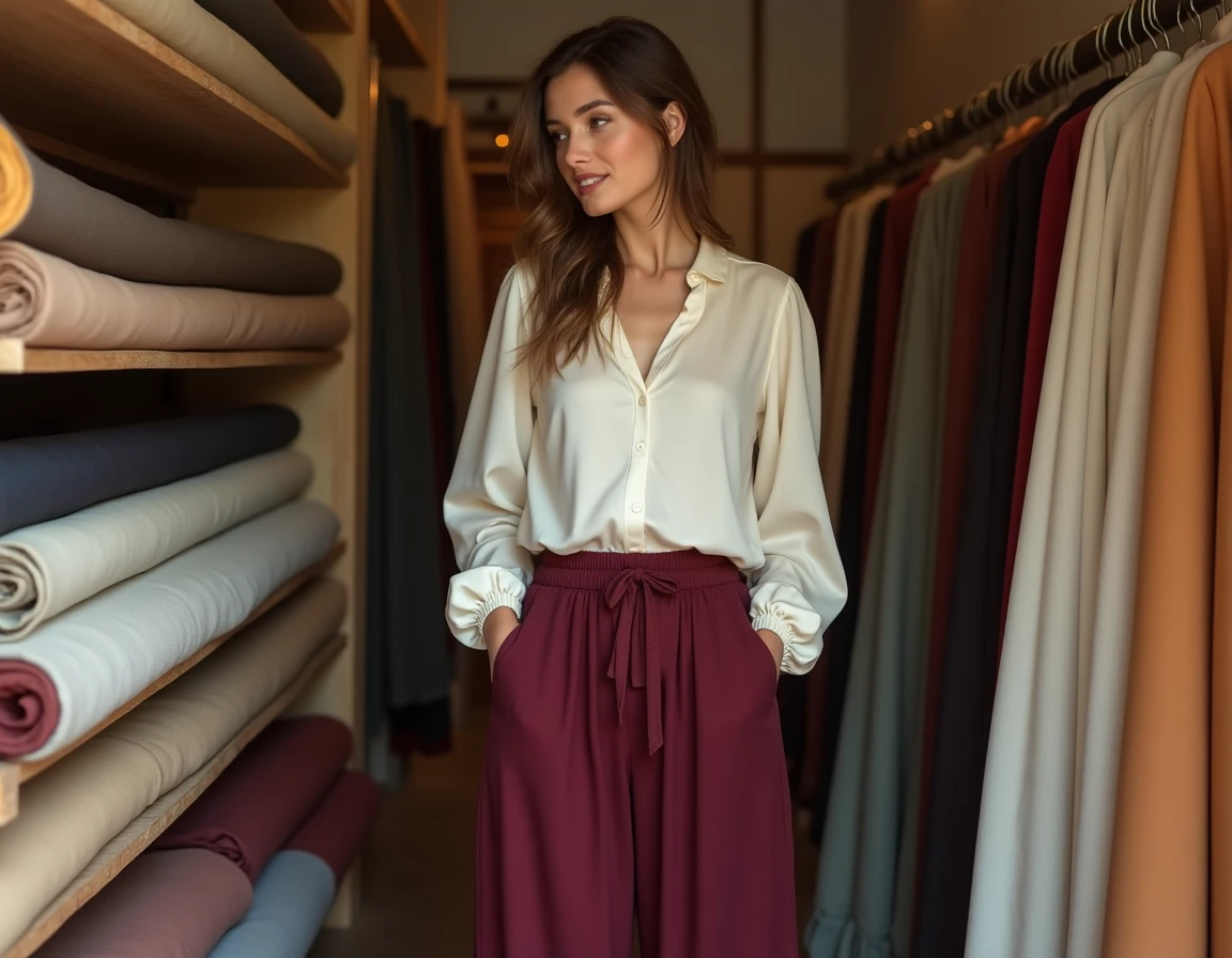 Femme en sarouel bordeaux dans une boutique de tissus, montrant la coupe fluide et féminine du sarouel pour femme