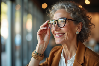 Femme senior essayant des lunettes dans une boutique lumineuse