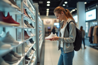Femme en jeans et veste athleisure dans un centre commercial