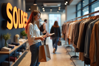 Femme souriante dans un magasin de vêtements lors des soldes