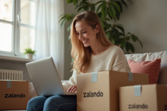 Jeune femme souriante achetant mode en ligne avec Zalando