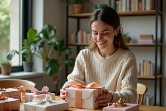 Jeune femme déballant un cadeau dans un intérieur moderne