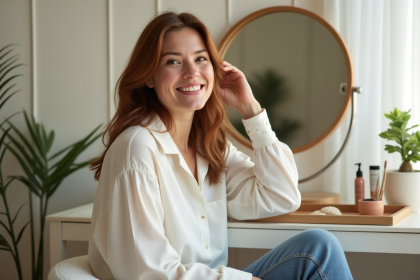 Femme souriante en portrait dans une chambre lumineuse