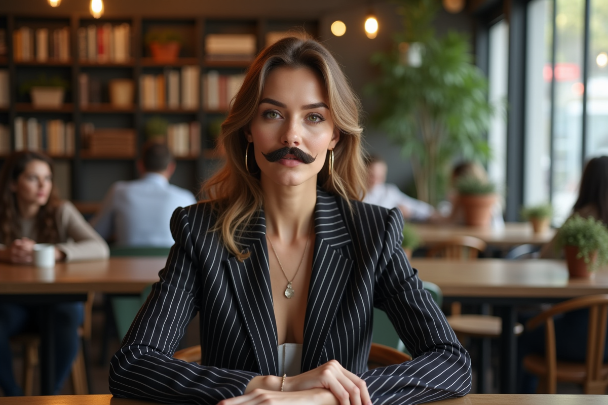 Femme en costume pinstripe avec moustache au café