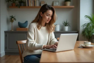 Jeune femme travaillant sur un ordinateur à la maison