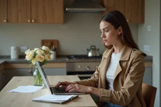 Jeune femme travaillant sur son ordinateur dans une cuisine urbaine