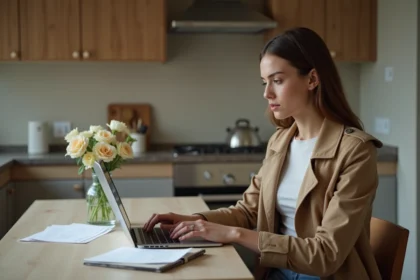 Jeune femme travaillant sur son ordinateur dans une cuisine urbaine