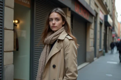 Jeune femme en trench dans une rue urbaine vide