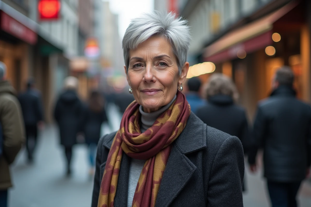 Femme mature en manteau et foulard sur une rue animée