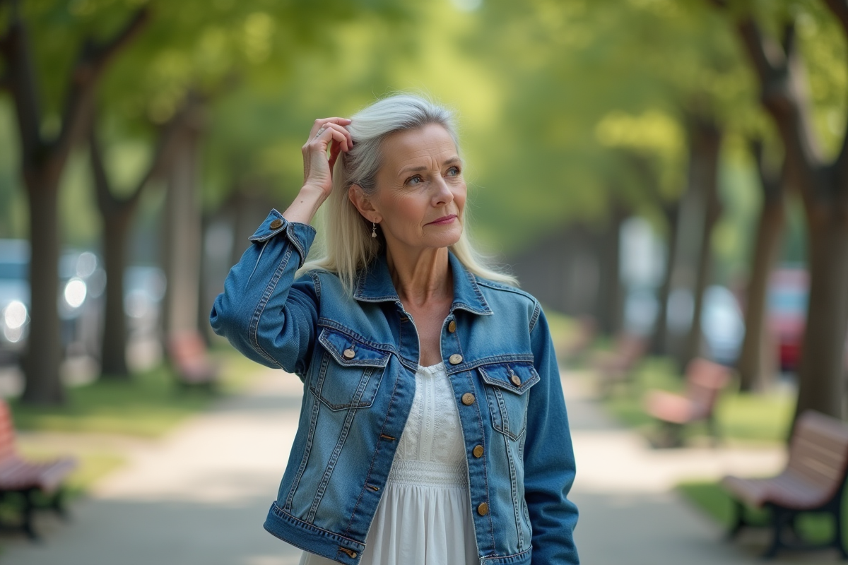 Femme en denim dans un parc urbain en pleine nature