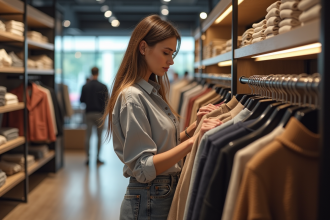 Femme en magasin de vêtements avec étiquettes de réduction