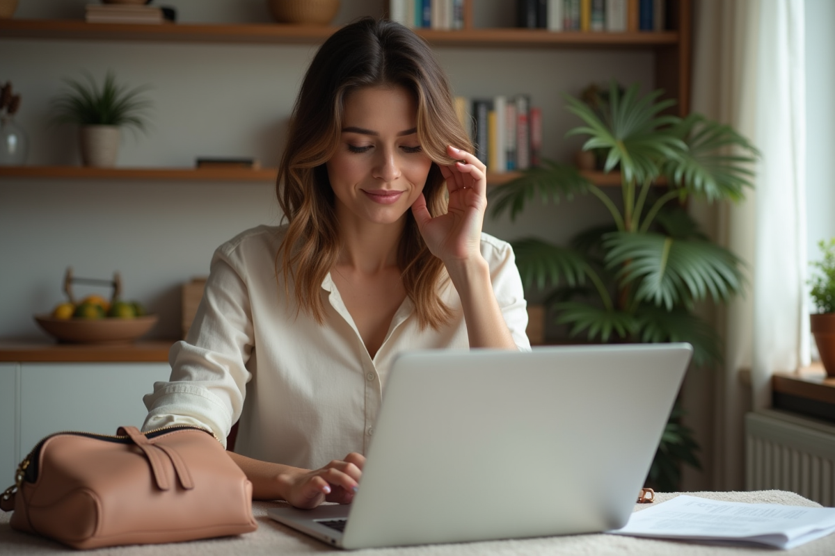Femme inspectant un sac à main de luxe chez elle