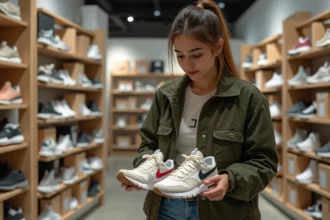 Jeune femme inspectant des sneakers de marque dans une boutique pour éviter les contrefaçons
