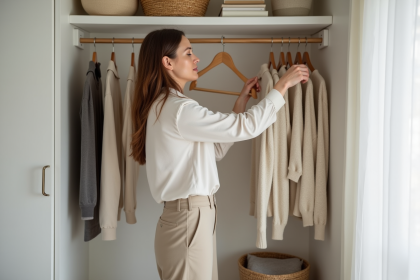 Femme choisissant un pull dans un vestiaire minimaliste