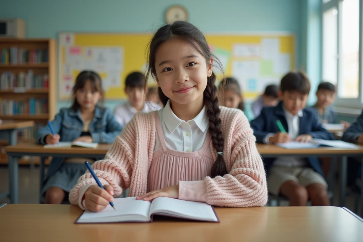 Jeune fille en classe prenant des notes avec style
