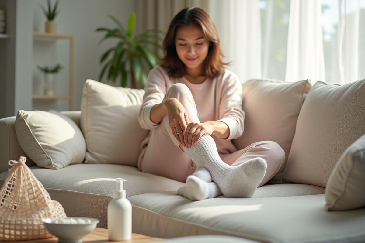 Jeune femme porte des chaussettes piloupilou dans un salon lumineux