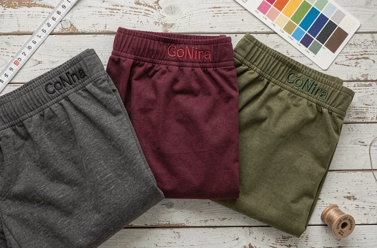Flat lay de boxers personnalisés avec marquage brodé sur le bord élastique présentés sur fond bois blanc