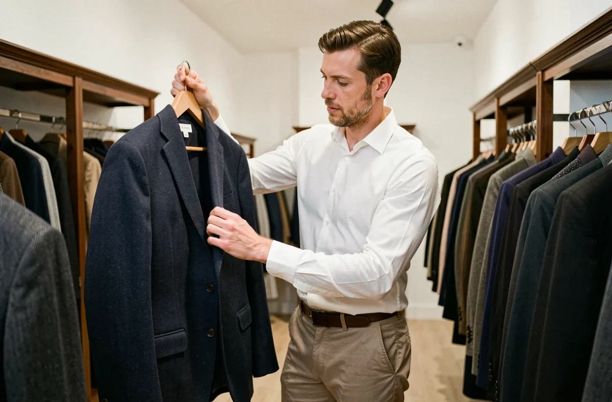Homme élégant examinant un blazer marine dans la boutique Franck Berthier à Dijon, entouré de vêtements haut de gamme soigneusement présentés sur des portants en bois sombre
