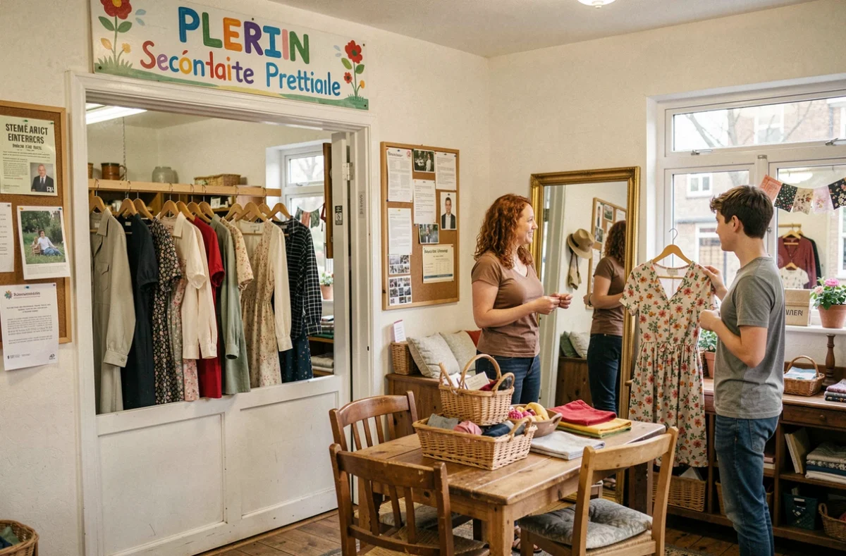 Intérieur de la friperie associative de Plérin avec bénévole et cliente essayant une robe de seconde main