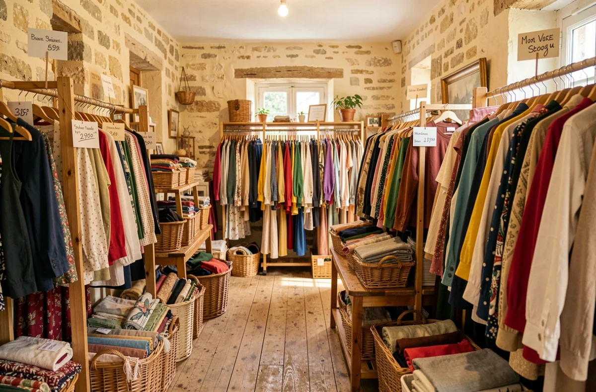 Intérieur d'une friperie bretonne avec des portants colorés, des vêtements vintage et une ambiance chaleureuse en bois et pierre