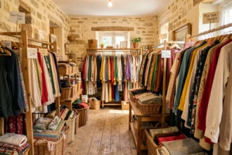 Intérieur d'une friperie bretonne avec des portants colorés, des vêtements vintage et une ambiance chaleureuse en bois et pierre